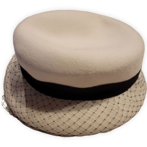Vincent Wu Vintage Ivory Wool Derby Hat with Black Floral & Mesh Trim